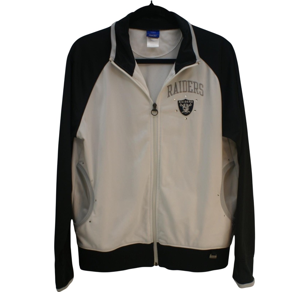 Vintage Reebok NFL Raiders Track Jacket Womens XL White Black Rhinestone Full Zp